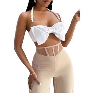 SOLY HUX Women's Pearls Beaded Halter Bow Front Cami Crop Tops Sexy Camisole (Medium)