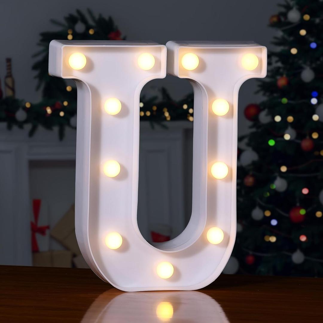 Foaky LED Letter Lights Sign Marquee Light Up Letters Sign for Night Light Wedding/Birthday Party Battery Powered Christmas Lamp Home Bar Decoration(U) (Warm)