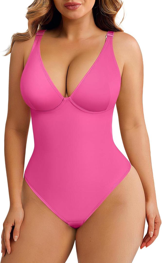 FeelinGirl Shapewear Bodysuits for Women Tummy Control Body Suits Deep V Neck Thong Body Shaper (Small, Pink)