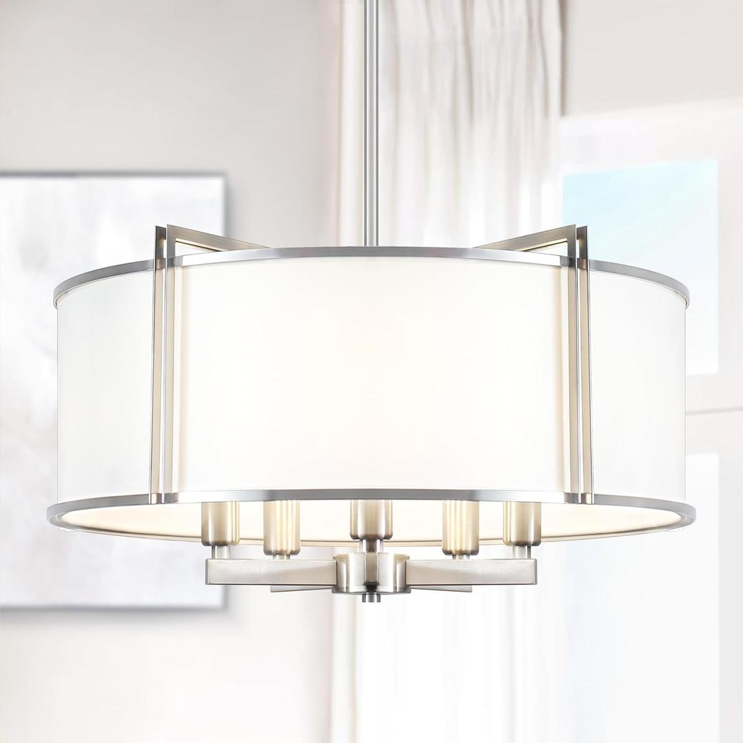 19.6''Drum Chandelier 5-Light Brushed Nickel Modern White Fabric Chandeliers for Dining Room Adjustable Farmhouse Pendant Light Fixture for Kitchen Island Living Room Bedroom