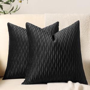 DEZENE Black Striped Decorative Pillow Covers: 2 Pack 16x16 Inch Original Velvet Square Throw Pillow Cases for Farmhouse Couch