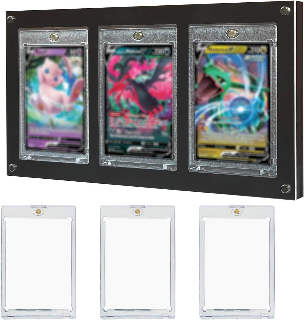 Acrylic Trading Card Frames for 3 Cards - Display Frame Suitable for Wall and Desktop - Pokemon Display Case With UV Protection and 3 35pt Magnetic Holders