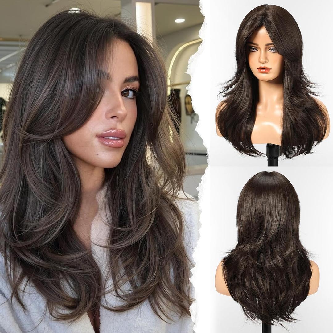HAIRCUBE Long Synthetic Wig for Women Heat Resistant Natural Looking Hair with Bangs, Perfect for Daily Use, Party & Cosplay (Natural Brown)