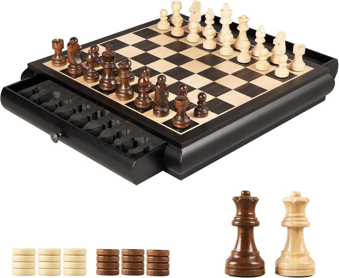 VAMSLOVE Wooden Chess Checkers Game Set 15.5" Large Size Board w/Storage Drawers, Weighted Chess Pieces - 2 Extra Queens 3" King, Gift for Birthday Housewarming Retirement - Black, 15.5" L x 15.5" W x 2.5" H