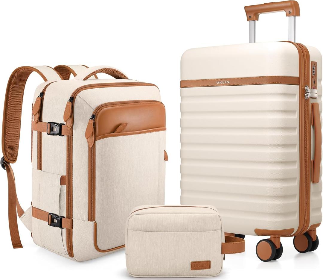 Luggage Sets 3 Piece, Carry On Luggage 20 Inch With Spinner Wheels,PC Hardside Suitcase Set with TSA Lock,Durable Carry On Suitcase With Travel Backpack for Men (Beige, 3 piece set (20inch)