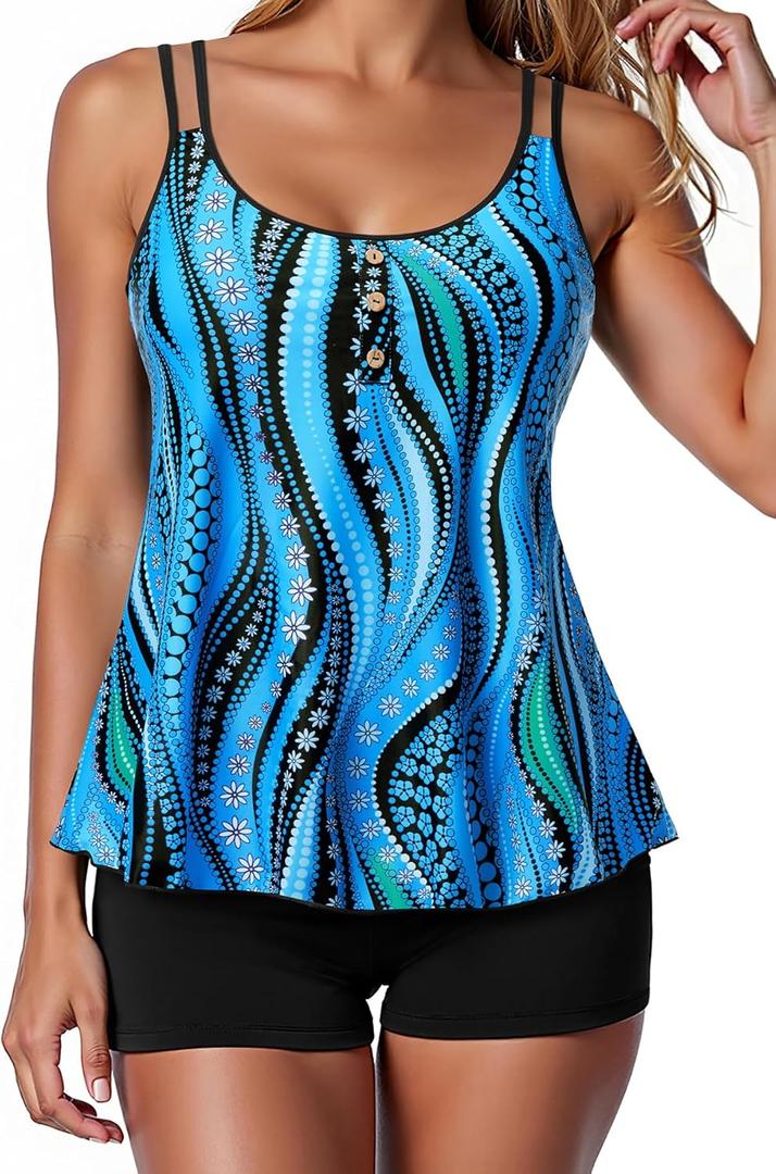 Women Tankini Swimsuit with Shorts - Flowy Two Piece Swimsuits Tummy Control Bathing Suits 2025 Swimwear (Large, Blue Wavy Pattern)