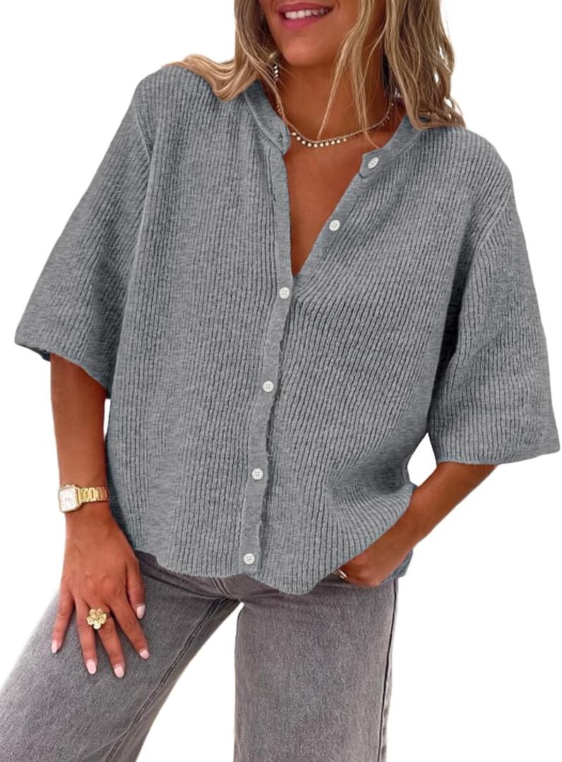 LILLUSORY Short Sleeve Cardigan Sweaters for Women 2025 Summer Cropped Button Up Sweater Tops Casual Shirt Y2K Outfits (Large, Gray)