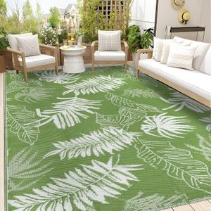 Outdoor Rug Waterproof,  Reversible Outdoor Plastic Straw Rug, Grass Green