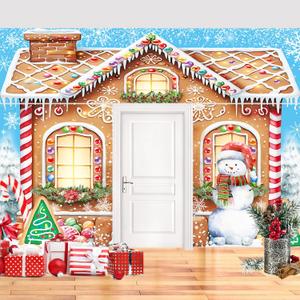 3PCS Christmas Gingerbread House Door Cover Banner Gingerbread House Man Classroom Door Decorations Banner for Outside Holiday Christmas Snowman Wall Porch Sign Background Decor