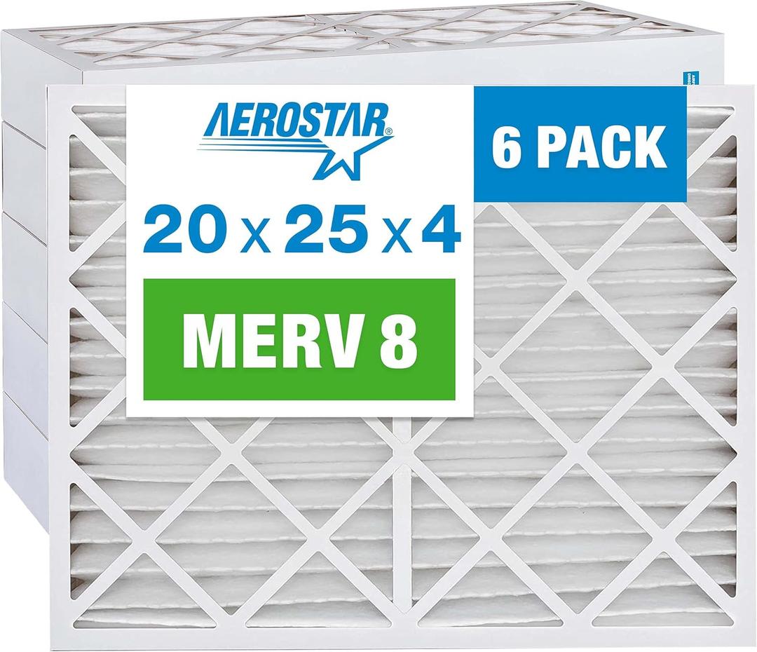 Aerostar 20x25x4 MERV 8 - 6 Count - High Efficiency Pleated HVAC, Furnace & Air Conditioner Filters - Removes Dust, Lint, Mold & Allergy-Causing Pollen