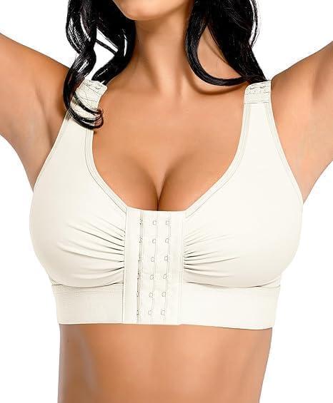 FeelinGirl Post Surgery Compression Bra for Women's Front Closure Bra with Adjustable Straps Wirefree (Medium, White)