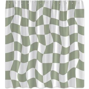 Retro Checkered Shower Curtain Sage Green and White Cute Checkerboard Geometric Vintage 60s 70s Abstract Aesthetic Modern Decor Bathroom Curtain Set with Hook, Size: 70"W x 70"H