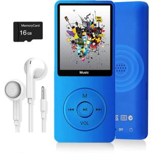 MP3 Player, Music Player with 16GB Micro SD Card, Build-in Speaker/Photo/Video Play/FM Radio/Voice Recorder/E-Book Reader, Supports up to 128GB (Dark Blue)