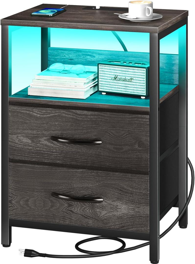 Yoobure Nightstand with Charging Station, LED Night Stand with Fabric Drawers and Storage Shelf for Bedroom, Nightstands Bedside Tables with USB Ports & Outlets, Small Night Stands, Bed Side Table (Charcoal Gray)