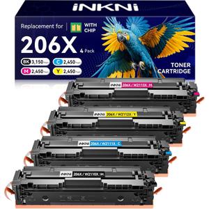 InkNI 206X Toner Cartridges 4 Pack - with Chip Compatible Replacement for HP 206X 206A for Color LaserJet Pro MFP M283fdw M283cdw M283fdn M282nw Pro M255dw M255nw Ink Cartridges W2110X W2110A