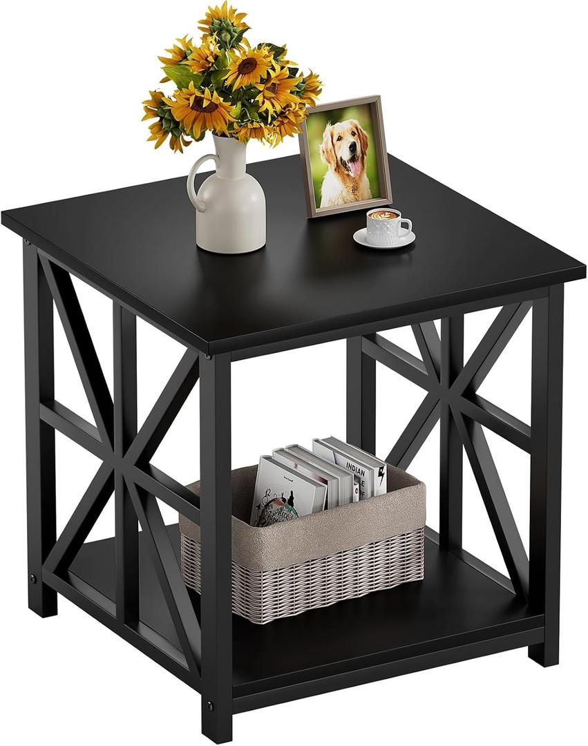 GreenForest End Table with 2-Tier Storage Shelf, 24 inch Side Table for Living Room, Modern Nightstand for Bedroom Bedside Office Farmhouse, Black