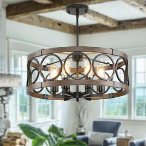 Semi Flush Mount Ceilnig Light,6-Light Farmhouse Chandelier Rustic,Modern Light Fixture Ceiling Mount Round Metal Vintage Chandelier Dining Room Light Fixtures for Kitchen (Black)