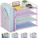 Marbrasse Desk Organizer and Accessories4-Tier Paper Letter Tray Organizer with File HolderDesk Accessories & Workspace Desktop Organizers for School Home Office Supplies (Pink)