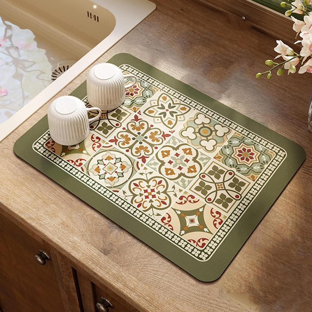 Coffee Mat, Boho Style Dish Drying Mat, Fast Water Absorption, Hide Stains, Easy to Clean, Fit Coffee Bar Accessories, Bar Mats for Countertop (12"x19", Green)