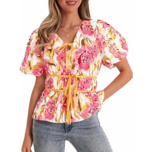 Cicy Bell Summer Babydoll Peplum Tops V Neck Puff Sleeve Bow Floral Shirts (L)