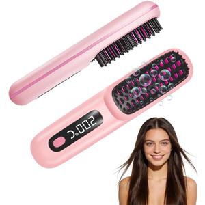 Go Brush Pro 2026, Portable Straightener Brushs for Travel, with LCD Temperature Display, Fast Heating Cordless Mini Hair Brushs (Pink)