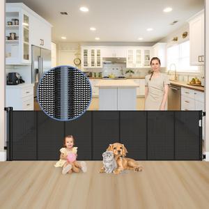 Reinforced 120 Inch Extra Long Retractable Dog Gates for Doorways Extra Wide Pet Gate Indoor 10 Ft Retractable Baby Gates for Dogs 33 Inch Tall Mesh Baby Gate Long with Reinforced Strips, Black