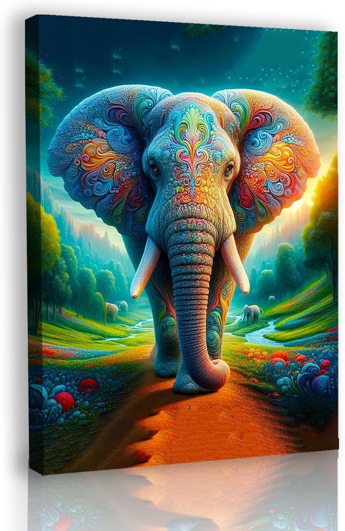 Jreiiolk Elephant Picture Wall Decor, African Animals Wall Art, Modern Contemporary Art Prints, Colorful Painting for Living Kids Room Bedroom Office Home Canvas Decorations (16 * 24inch)