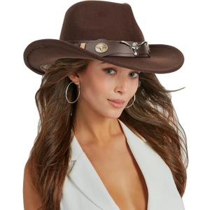Classic-Western-Cowboy-Hat Wide-Brim Felt-Cowgirl-Fedora-Jazz-Hat for Women Men(Size:S-M) (Coffee With Bull)