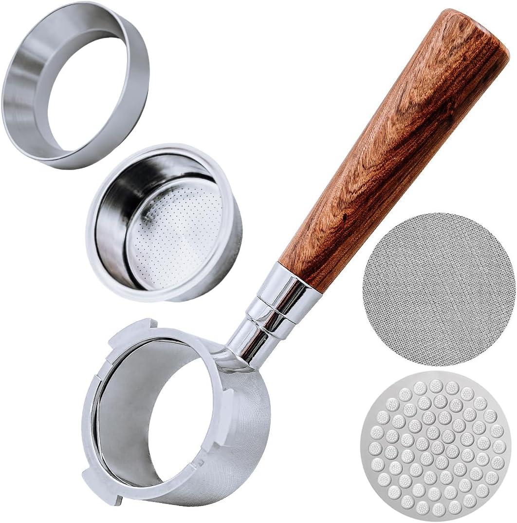 51mm Bottomless Portafilter with 3 Ears Includes Magnetic Dosing Funnel, Etched & Sintered Filter Screens, Double Shot Basket, Stainless Steel Holder with Redwood Handle, Fits DeLonghi51mm Machines