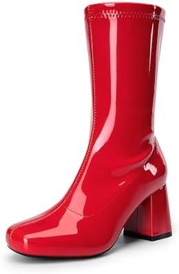 DREAM PAIRS Women's Mid Calf Gogo Boots Low Block Heel Square Toe Ankle Boot with Zipper for Party Cosplay Dance, Size: 6