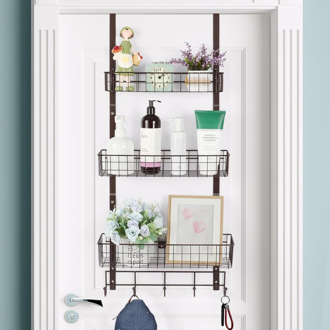Over the Door Organizer Bathroom with Hooks 3 Tier Back of Door Shelf Organizer Rack Hanging Shelves Basket Metal Pantry Door Organizer with 3 Baskets 5 Hooks for Bathroom Kitchen Cabinet, Dark Brown