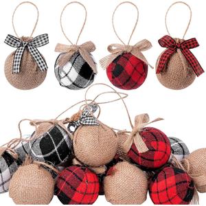 Deloky 16 Pcs Buffalo Plaid Fabric Ball- 2 Inch Christmas Fabric Wrapped Burlap Balls- Rustic Ball Ornaments with Bow for Christmas Tree Party Decoration Supplies