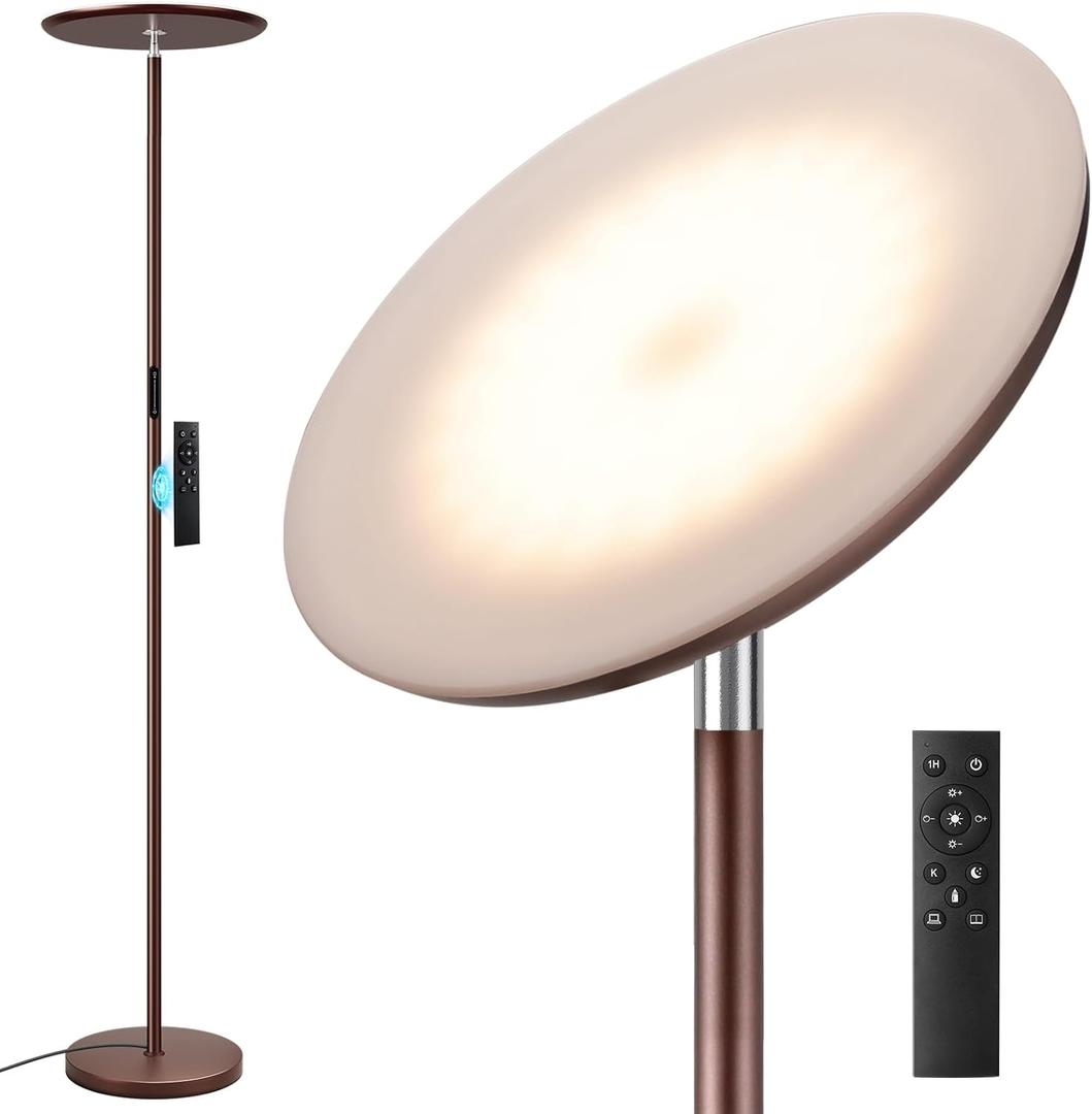 Modern LED Floor Lamp - Remote & Touch Control, Sky Torchiere Standing Lamp, Fully Dimmable, 3 Color Temperatures, Ideal for Living Room & Bedroom, Easy to Assemble(Brown) (Large)
