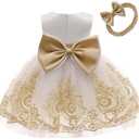 TUIJI 0-6T Big Bowknot Toddler Baby Girls Formal Dresses Pageant Party Lace Embroidery Dress with Headwear (3-4T, White+gold)