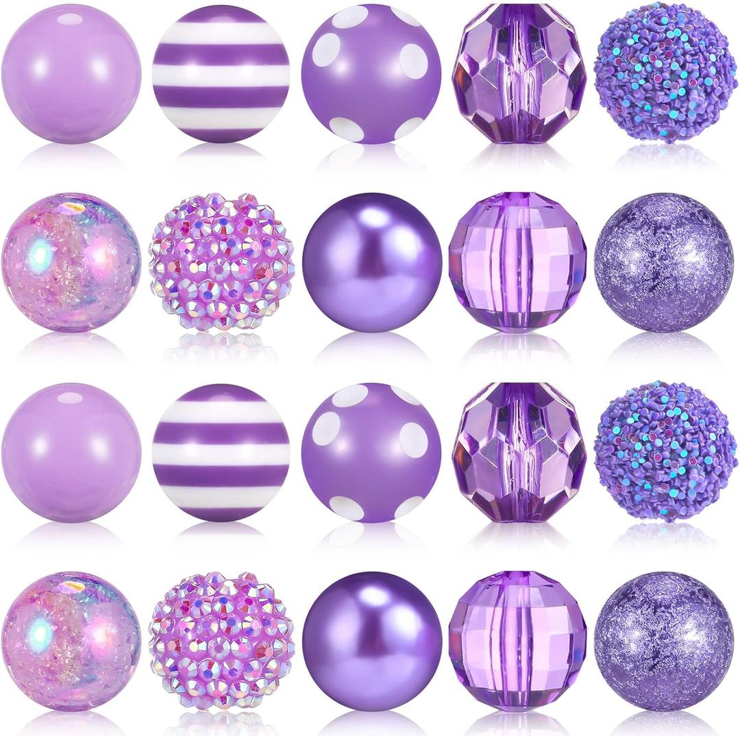 Ferreve 20 Pcs Chunky Bubblegum Beads 20mm Focal Pen Large Rhinestone Pearl Beads for DIY Beadable Pen School Jewelry Making Keychain Craft Making(Light Purple)