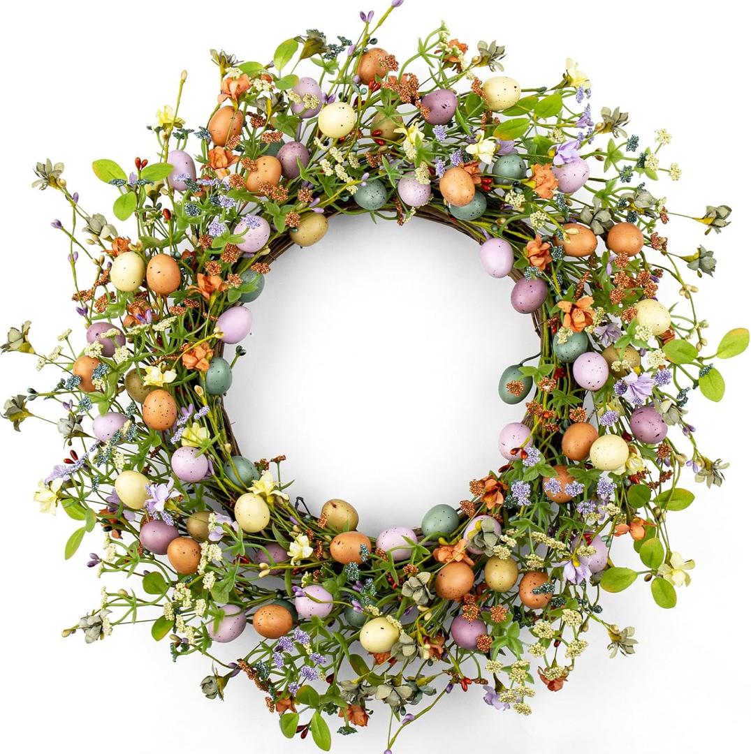 VioletEverGarden 20 Inch Easter Wreaths for Front Door Colorful Easter Wreath Artificial Egg Wreath with Berry for Spring Summer Hoilday Party Decorations