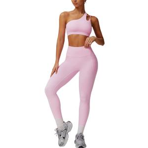 Women Workout Set Single Shoulder Straps Sports Bras and Leggings Set 2 Piece Gym Yoga Active Wear Outfit with Pockets (Medium, Pink)