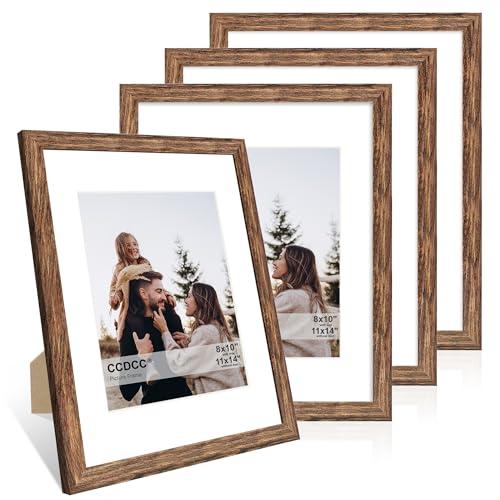 ccdcc 11x14 Picture Frame Set of 4, 11 x 14 Wood Photo Frames with Mat for 8x10, Natural Wooden Frame with Real Glass Cover for Wall and Tabletop Display,Rustic Brown