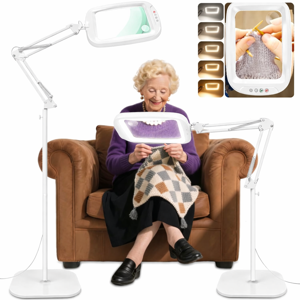 Extra Large Floor Magnifying Glass with Light and Stand,7-inch Adjustable Height Floor Magnifying Lamp,2 in 1 Lighted Magnifiers for Close Work, Sewing,Crafts,Hobbies,Reading, White