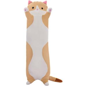 Cute Cat Plush Long Body Pillow Soft Cartoon Stuffed Animal Doll, Kawaii Cat Plushie Cuddle Toy for Kids, Girls & Girlfriend (Brown, 19.7 Inch)