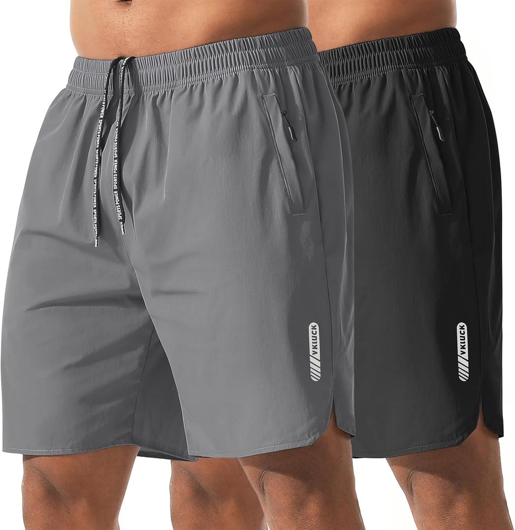 Athletic Running Shorts for Men 7" Lightweight Quick Dry Gym Shorts with Zipper Pockets for Casual, Workout, Travel (Gray, M)