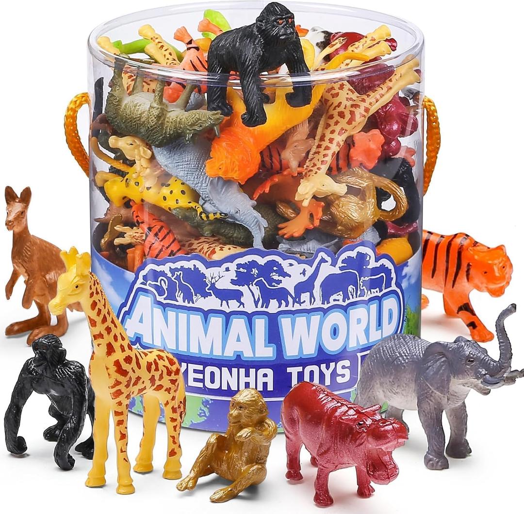 Yeonha Toys 60 Piece Mini Zoo Animal Toy with Gift Box, Realistic Small Plastic Animal Figure Sensory Bins, Jungle Party Favors, Cupcake Topper, School Education, Birthday Gifts for Kids Toddlers