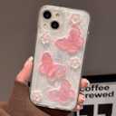 Changjia for iPhone 16 Glitter Butterfly Case,Cute Girly 3D Flower Floral Crystal Pearl Bling Sparkle with Wrist Strap Chain Soft TPU Silicone Aesthetic Women Girls Phone Case for iPhone 16 6.1", Pink