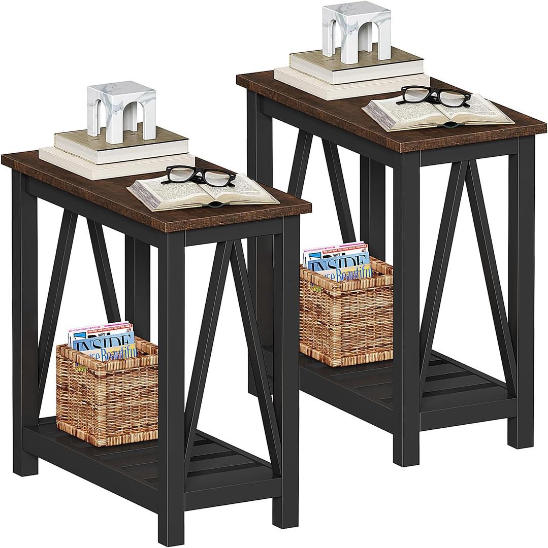 ChooChoo Farmhouse End Table, Rustic Vintage Narrow End Side Table with Storage Shelf for Small Spaces, Nightstand Sofa Table for Living Room, Bedroom Black 2 Pack