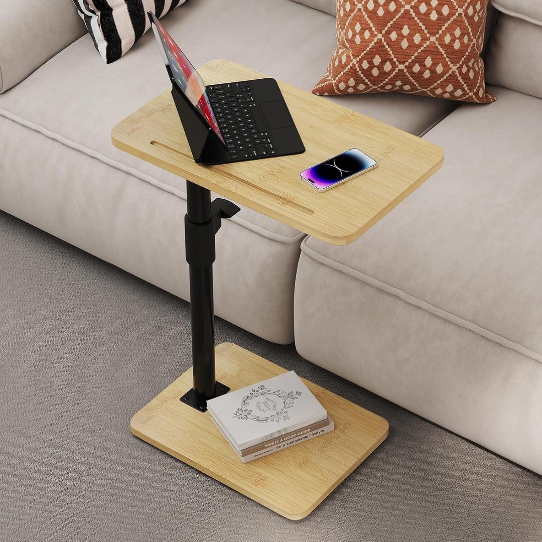 2Pcs Sofa Armrest Tray Table - 360 Bamboo Swivel TV Trays - Height Adjustable Side Table for Bed or Chair with Phone and Tablet Slots - End Tables for Small Spaces (2PCS, Standard)