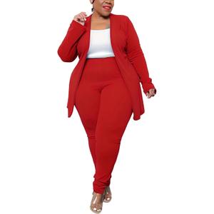 Women's Plus Size 2 Piece Outfits Open Front Blazer and High Waisted Long Pant Suit Set Business Loungewear (Red, XL)