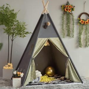 Teepee Tent for Kids Stripe Padded Mat Foldable Dark Tone Grey Play Tents for Girl and Boy with Carry Case Wooden Pole Printing Canvas Tepee Playhouse for Child Indoor Outdoor, 47.2" x 47.2" x 63"