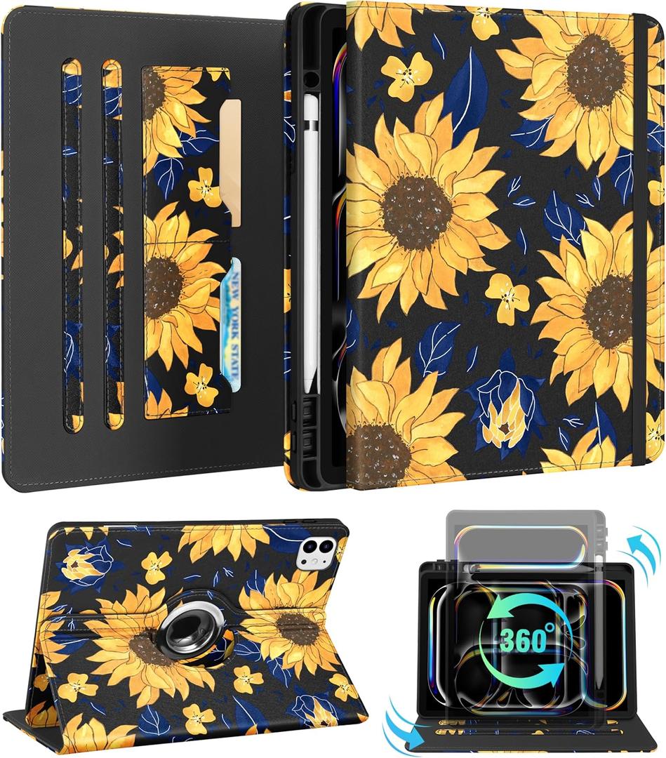 Kidcube for iPad Pro 13 Inch Case M4 2024 - Women Girls Cute Rotating Stand Folio Cover with Pencil Holder & Card Slot Girly Kawaii Sunflower Design for iPad Pro 13 Inch Case 2024 (A2925 A2926 A3007)