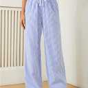 Women's Striped Print Straight Wide Leg Linen Pants Drawstring Waist Slant Pockets Pants Casual Long Pants (Blue, XL)