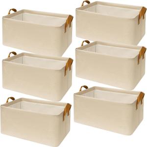 SNWDN 6 Pack Closet Cloth Storage Bins for Shelves, Medium Storage Baskets for Shelves, Fabric Bins for Closet organization with Handles Beige 15''L x 10''W x 8''H
